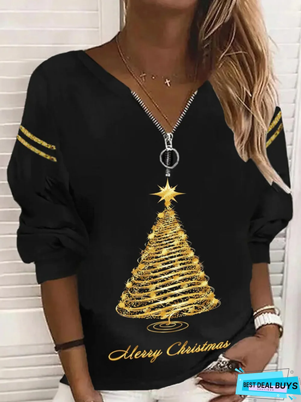 Casual Christmas Long Sleeve V Neck Printed Top Sweatshirt
