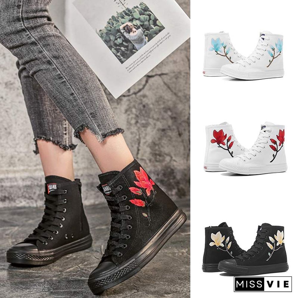 Vintage Blossom Embroidery Lace Up Zipper Canvas Shoes