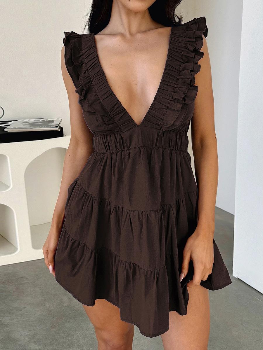 Casual Dress for Summer, Breathable Women's Fitted Plain Deep V Neck Ruffled Dress, Women's Clothes for Daily Wear, Womenswear