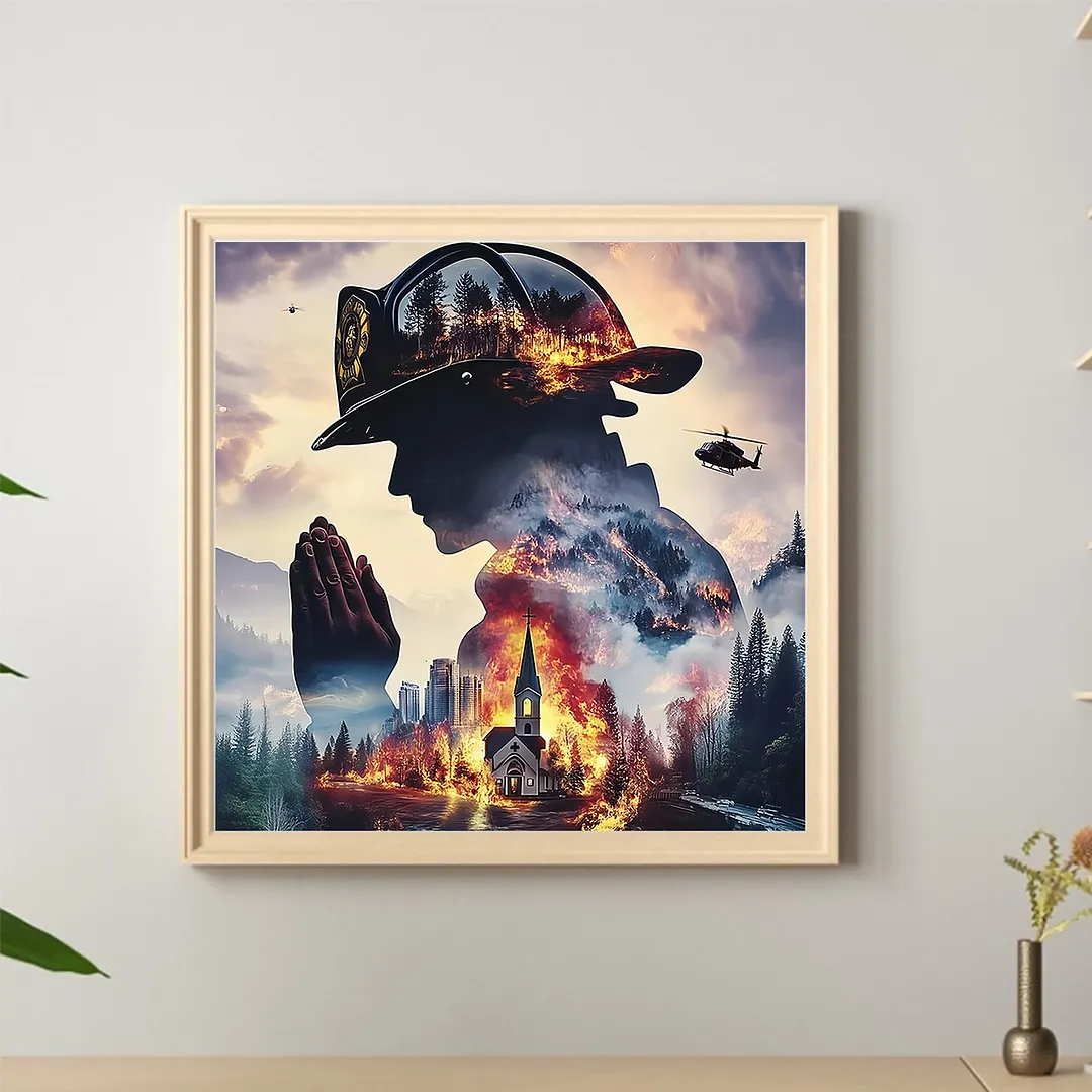 Firefighter Silhouette Full DIY 5D Round Drill Diamond Painting Kits for Adults/Beginners Gift Idea Home Decor Diamond Dots Paintings Picture Arts Craft 40x40cm