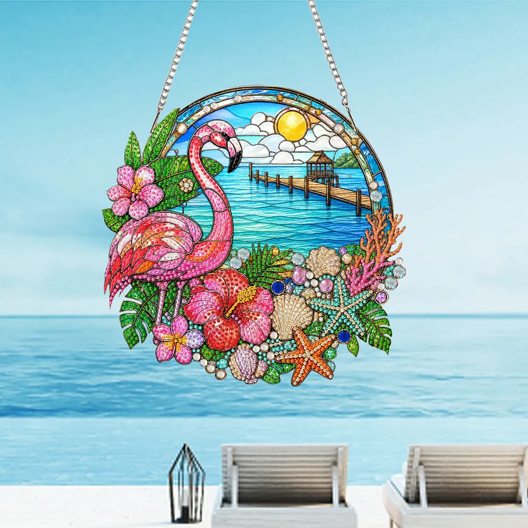 Flamingo Beach Scene 2D Flat DIY PET Diamond Painting Pendant Special Shape Hanging Gem Art Paintings Charm Single Side Drill for Adults Home Wall Window Decor