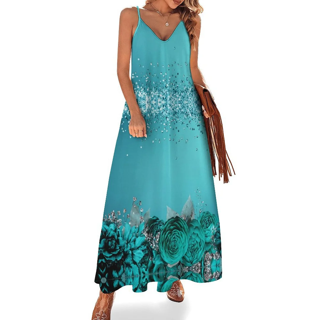 Style & Comfort for Mature Women Plus Size Printed Sling Casual Women Maxi Dress in Pattern Turquoise, Floral, Rose