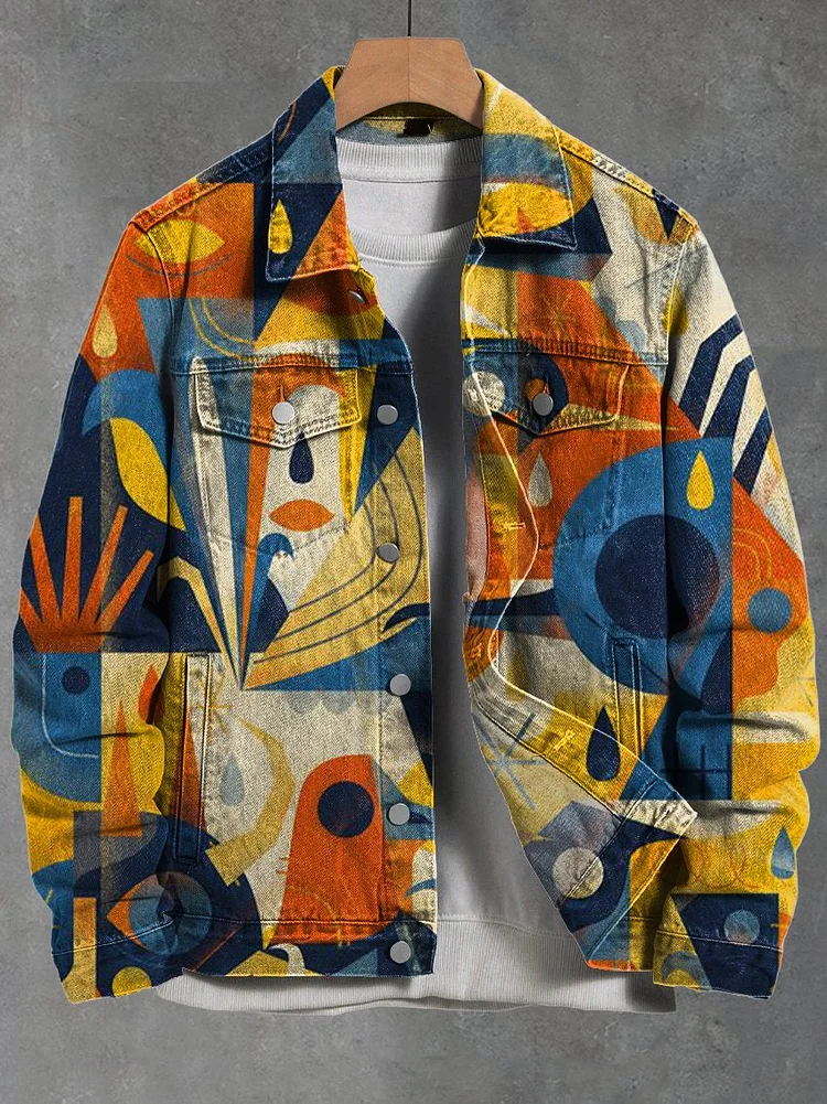 Retro Geometric Broken Pattern Print Casual Denim Jacket