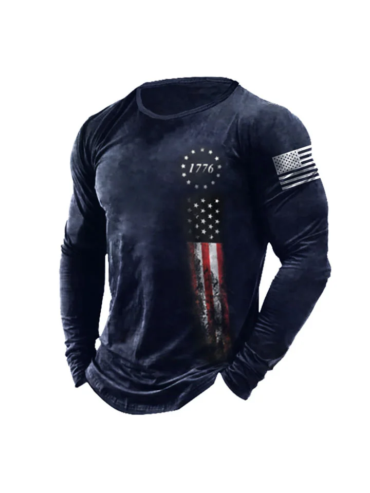 Retro Long-sleeved Body Shirt Male American Flag Print Round Neck Set Head Ins Trend Loose Round Hem T-shirt-Cosfine