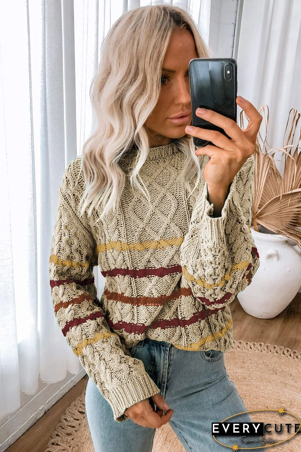 Khaki Striped Color Block Textured Knit Pullover Sweater