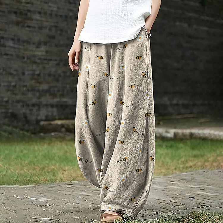 Women‘s Bee And Floral Pocket  Linen Blend Pants