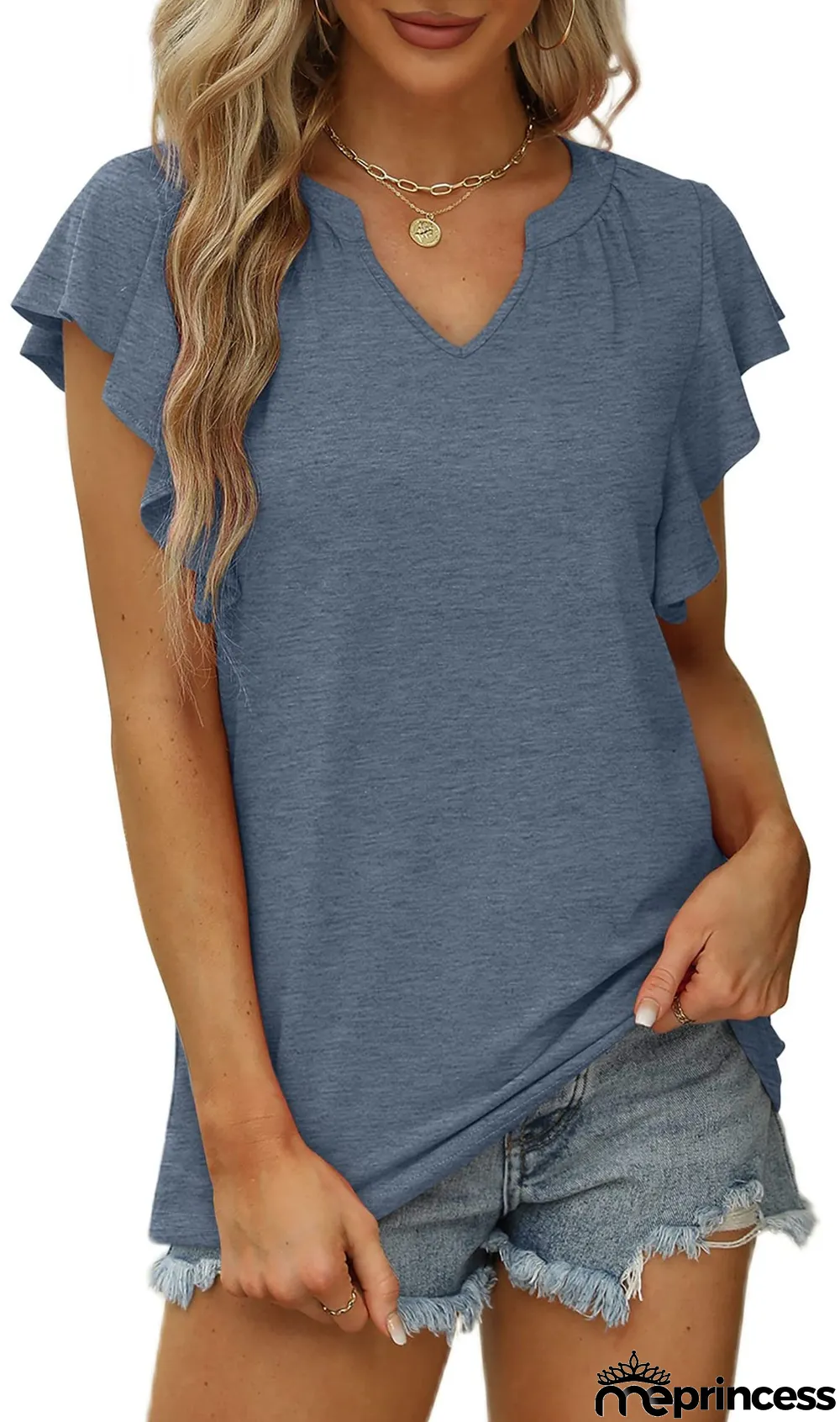 Summer Sexy V-Neck Ruffled Solid Color Short-Sleeved T-Shirt