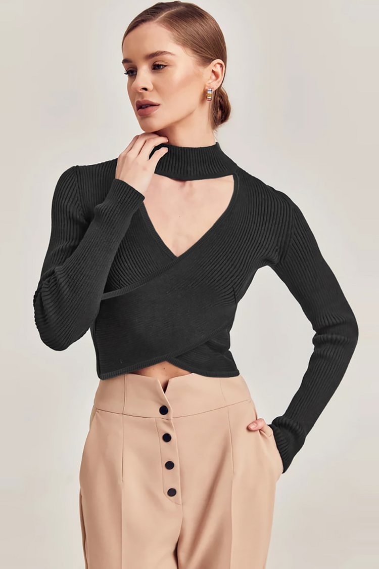 Knit Cut Out Choker V Neck Sweater Top