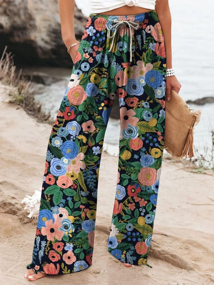 Women's Vintage Floral Print Wide Leg Pants