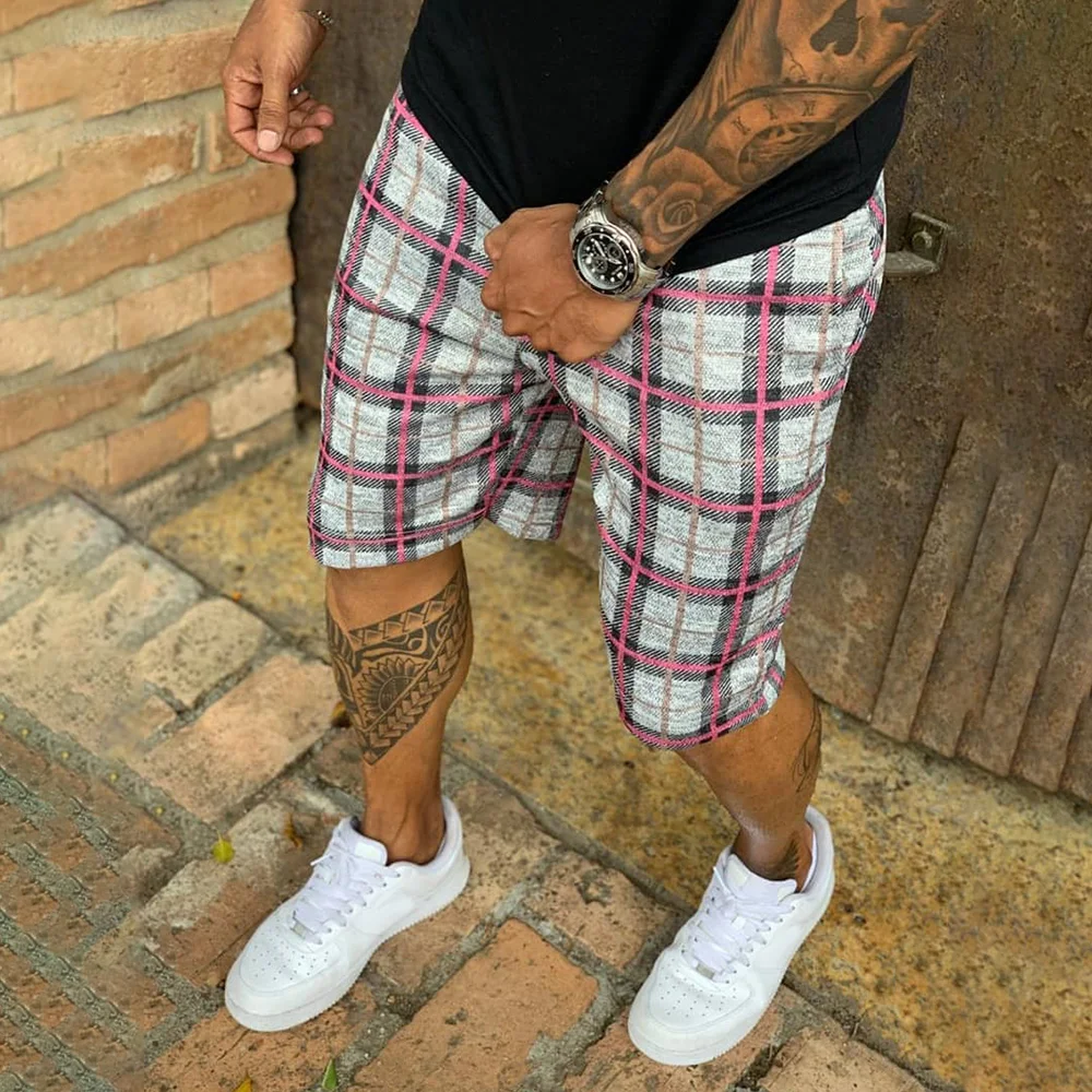 Men's Check Stripe Textured Print Casual Shorts