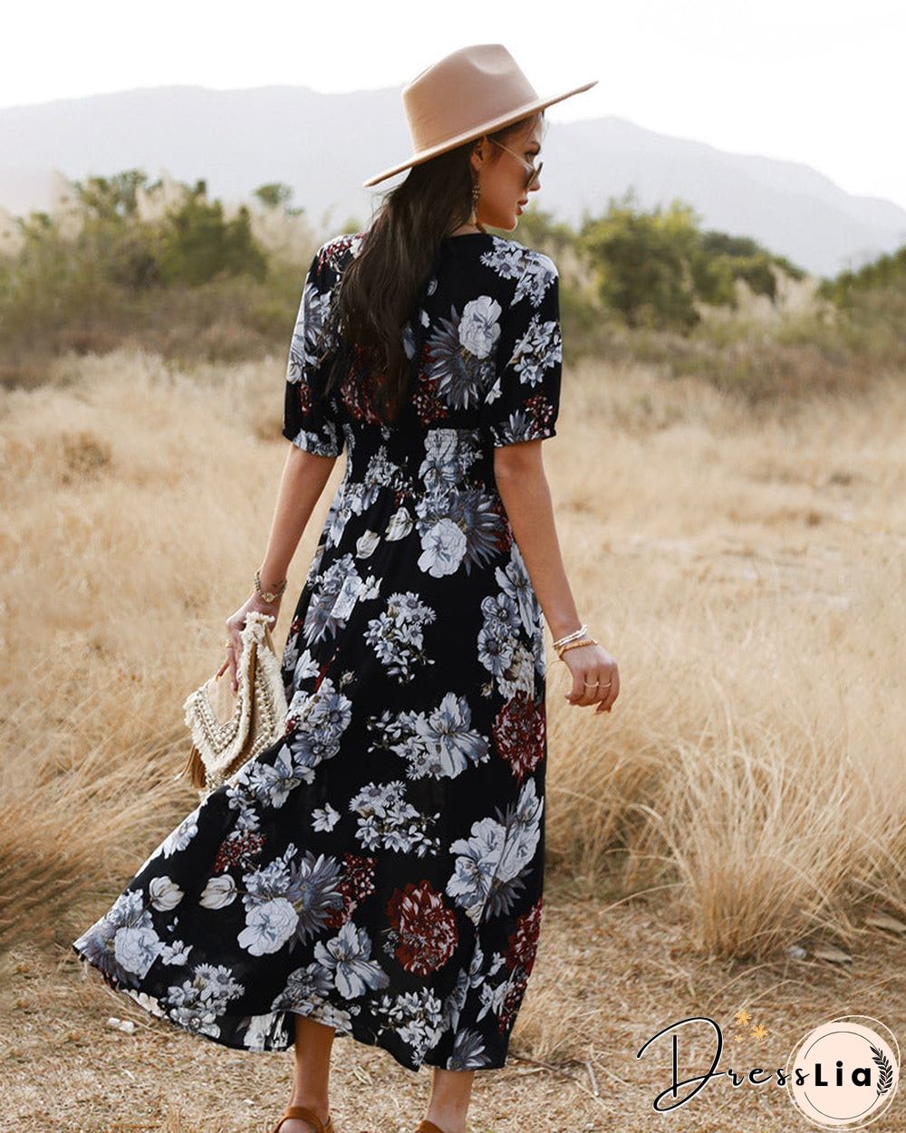 Elegant Short Sleeve V Neck Floral Maxi Dress