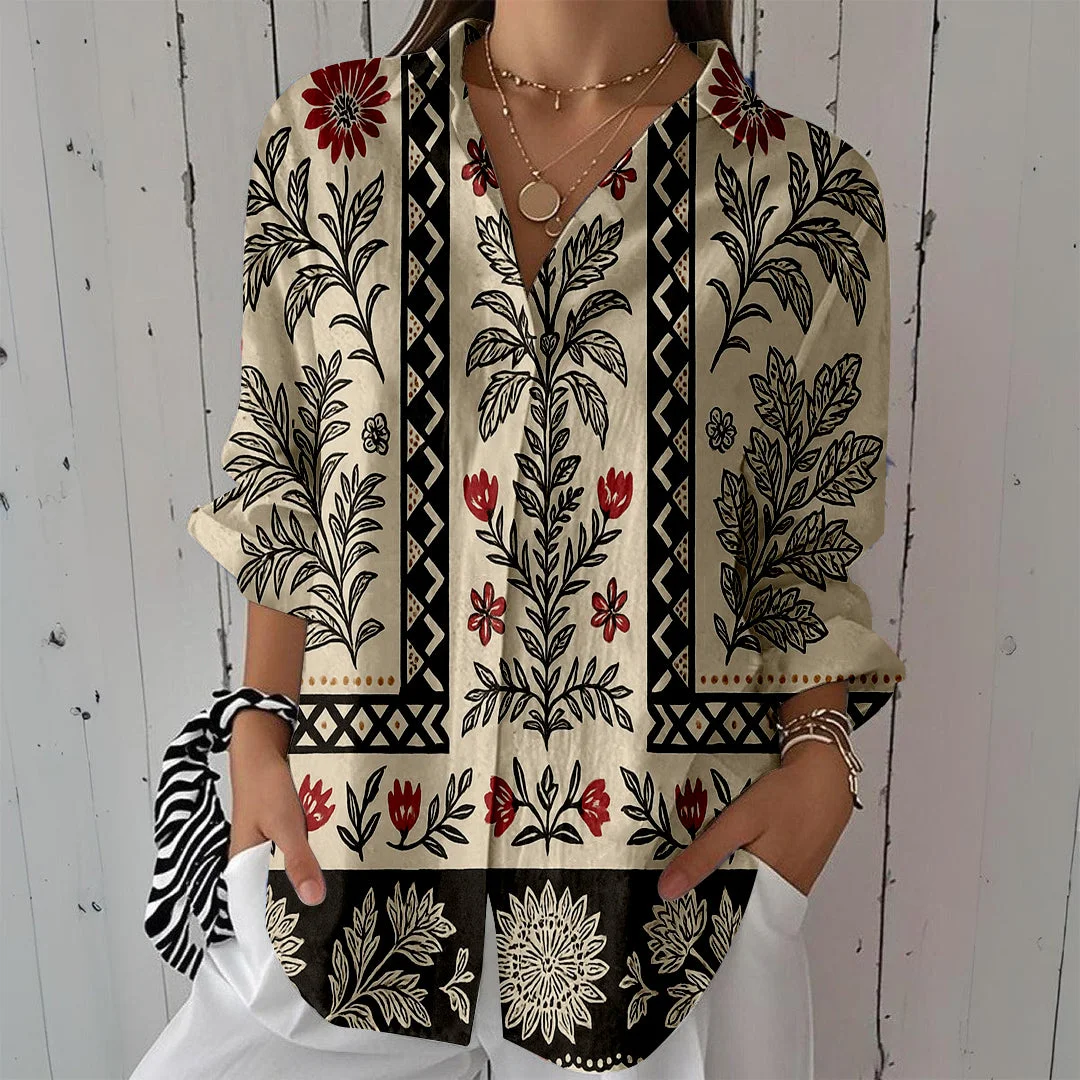 Style & Comfort for Mature Women Women Tropical, Black DZCL0091 3/4 Sleeve Shirt Collar Printed Button Tops