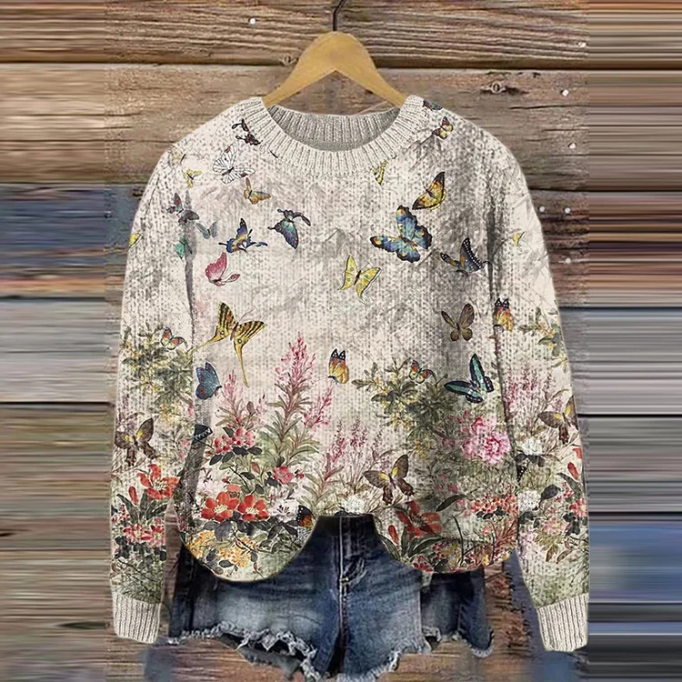 VChics Vintage Meadow Butterfly Print Knitted Pullover Sweater