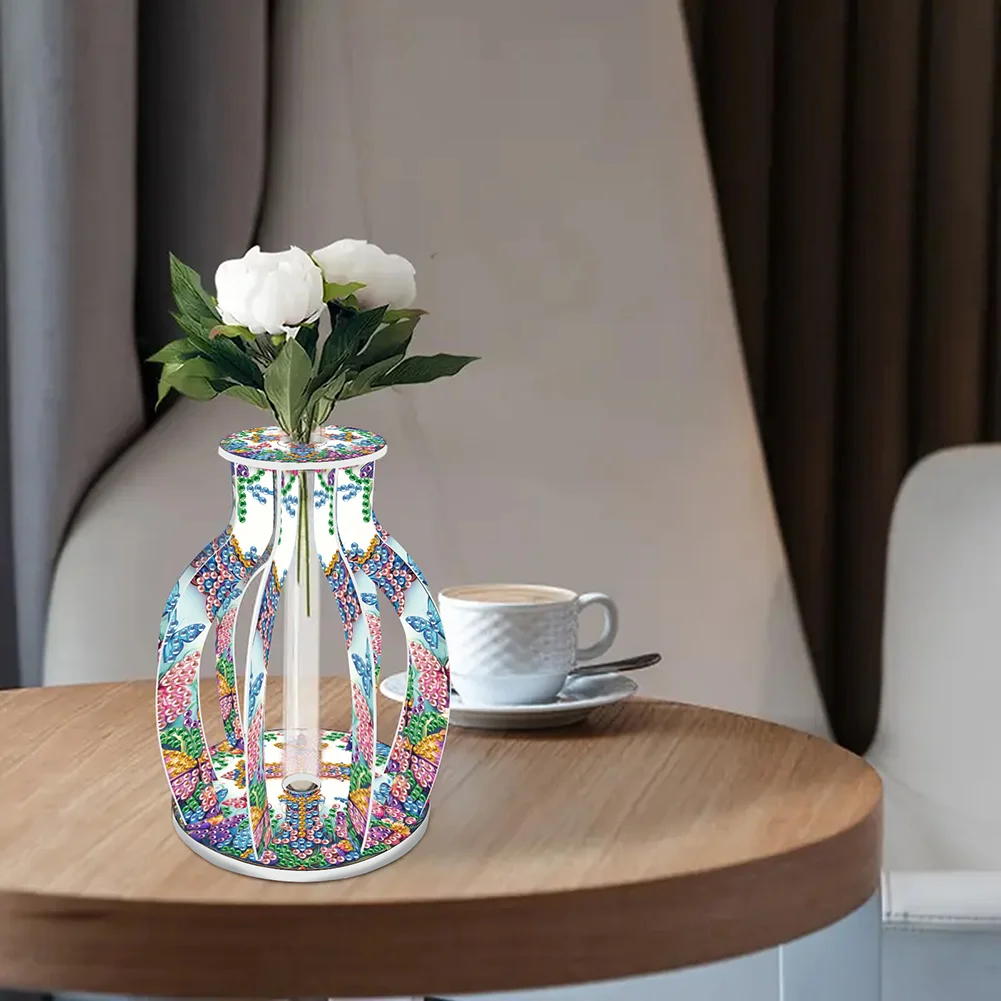 Acrylic Wood Cross 5D DIY Diamond Painting Flower Vase for Home Office Decor