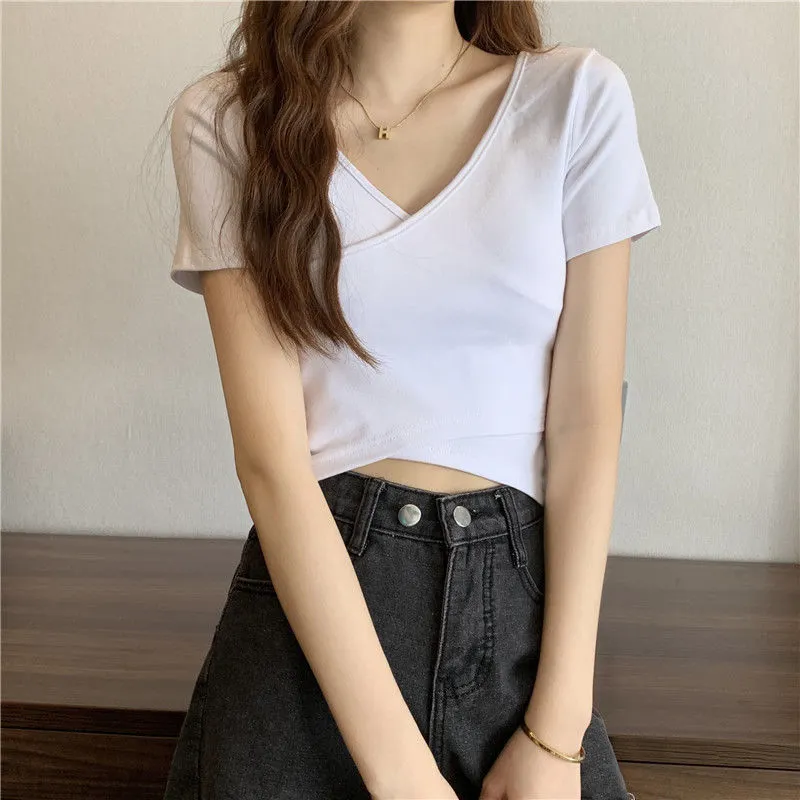 Brownm Brownm Summer New Design Cross Versatile Show Slim Short-Sleeve T-Shirt Korean Version Short Pure Color Jacket Women