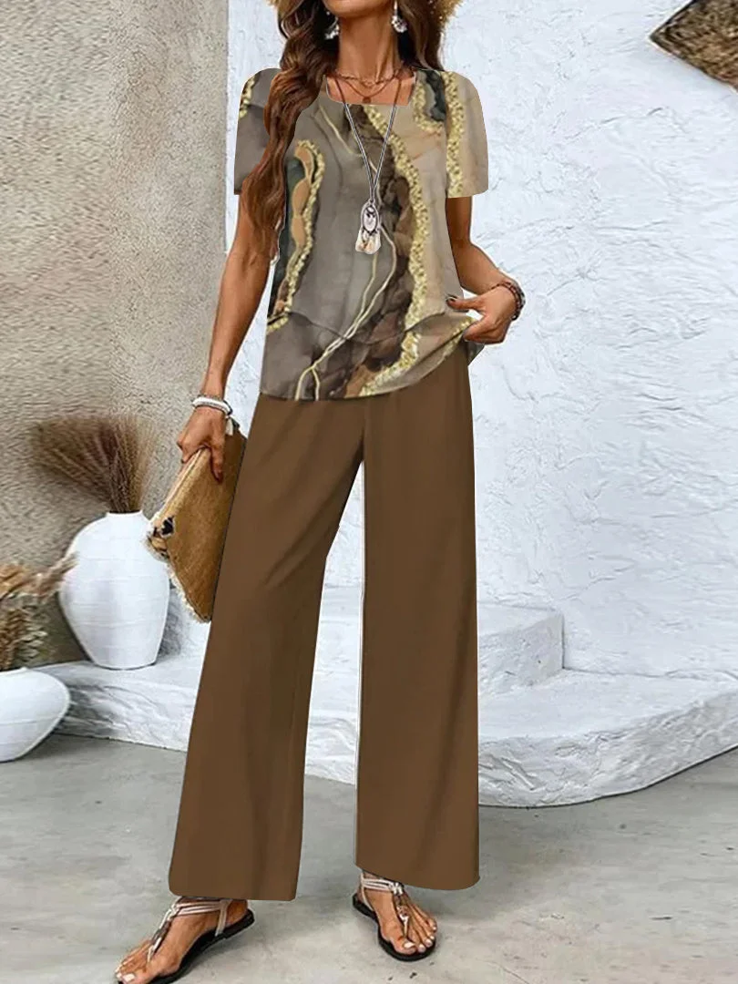 Women's Short Sleeve Square Collar Graphic Printed Casual Set