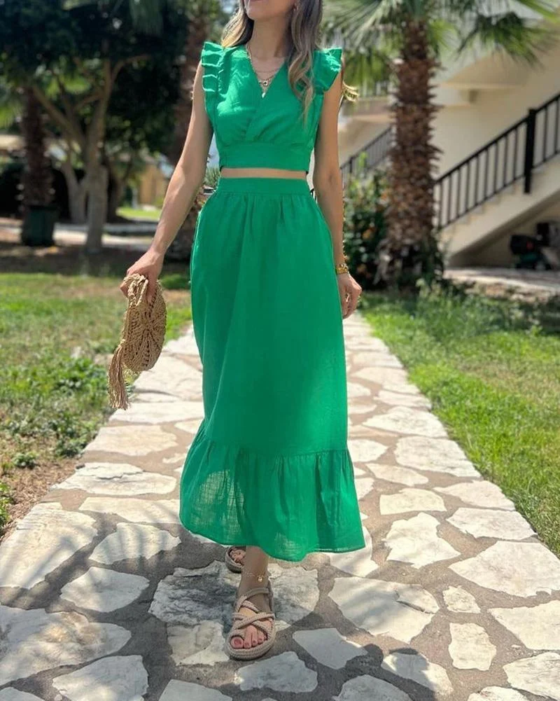 Butterfly Sleeve Solid Color Two Piece Set