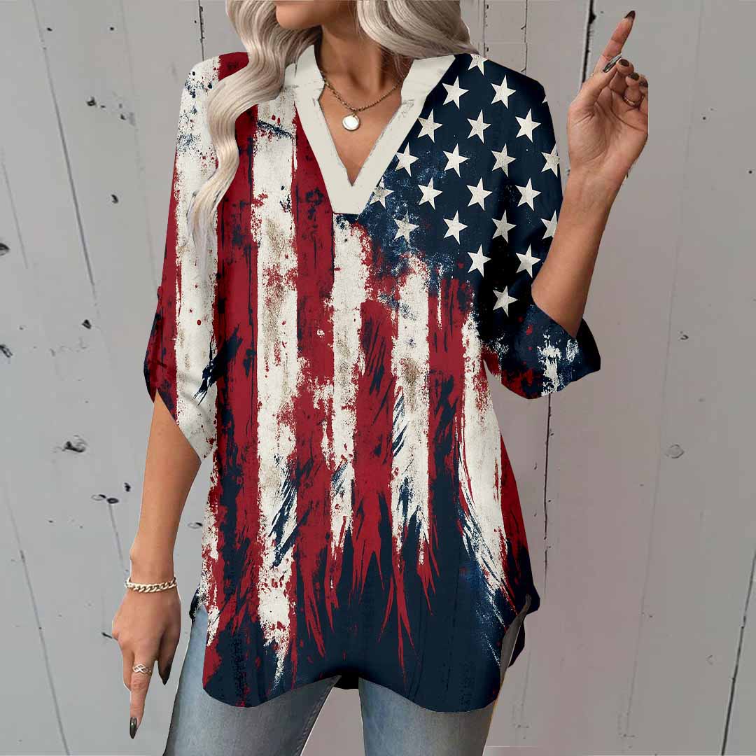 Women  Independence Day, Star, Striped, Blue, Red DZGA0241 3/4 Sleeve V-neck Printed Graphic Button Tops