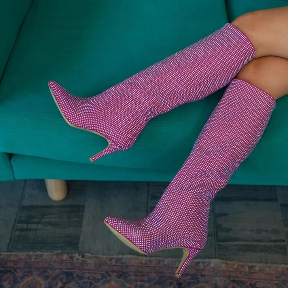 Pink Rhinestone Closed Toe Stiletto Heel Winter Knee High Boots Nicepairs