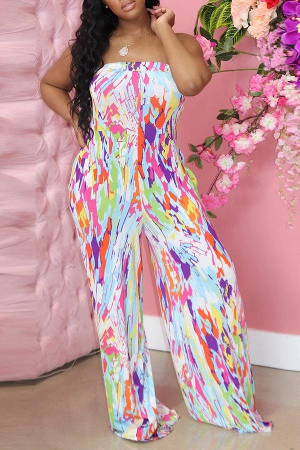 Colorful Fashion Print Bandeau Wide Leg Rompers