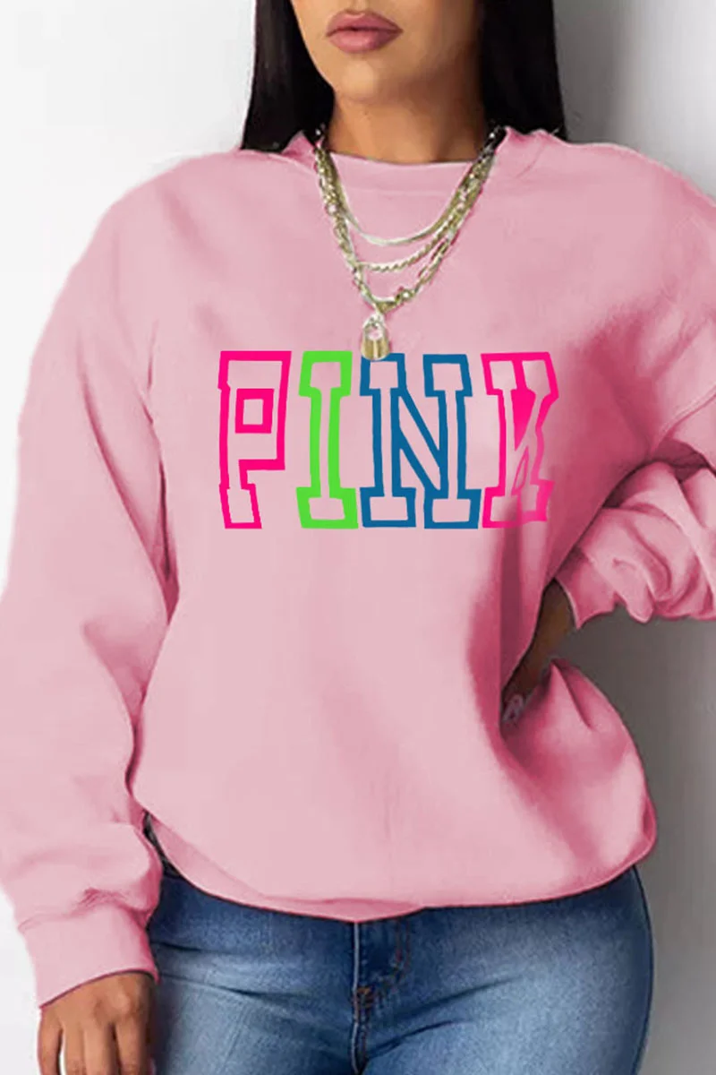 Pink Casual Print Patchwork O Neck Tops