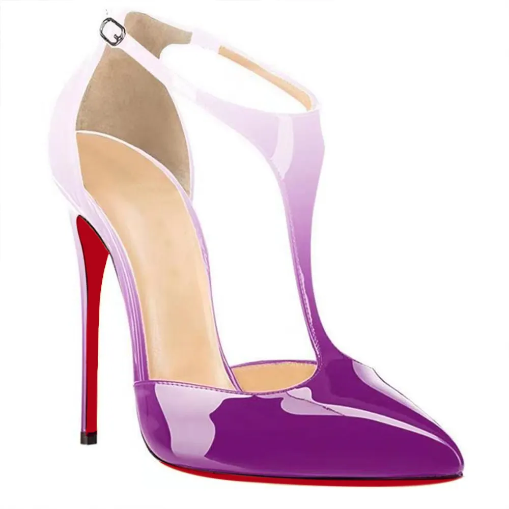 120mm Womens T-Strap Pumps High Heels White Purple Patent Pumps-vocosishoes