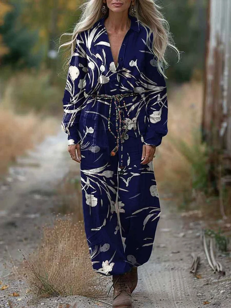 Women Shirt Collar Solid Color Graphic Print Casual Cotton Wide Leg Long Sleeve Jumpsuit