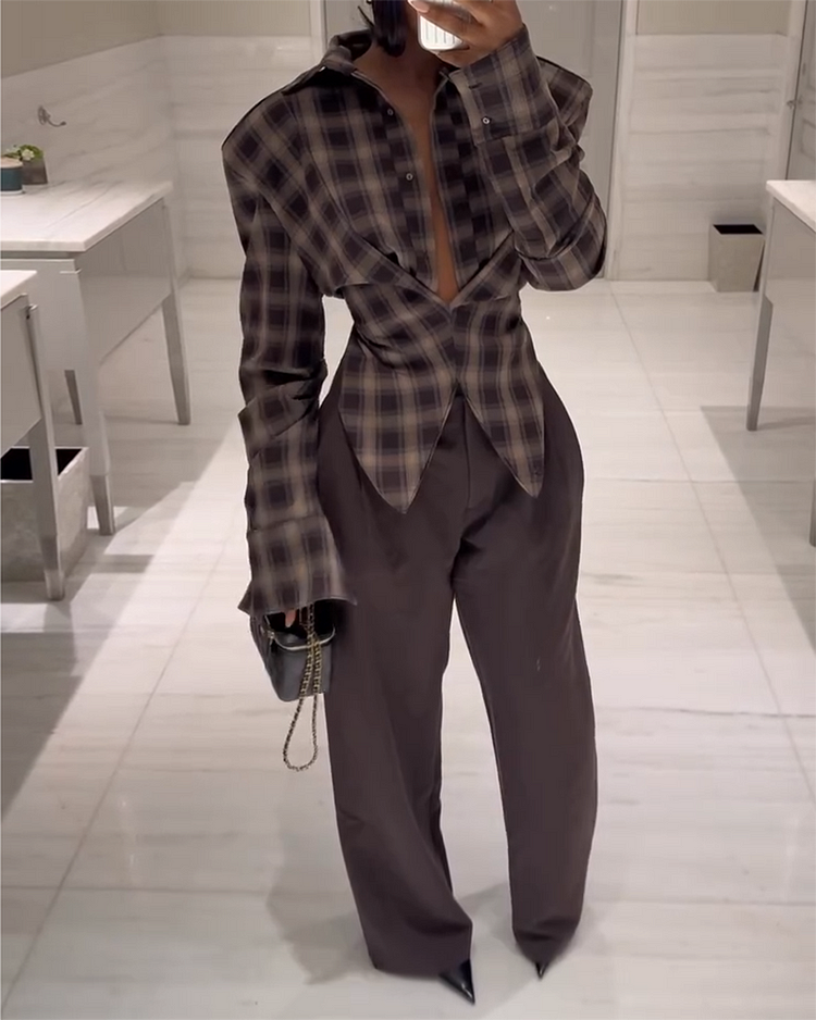 Lapel Plaid Print Top and Pants Two-piece Set