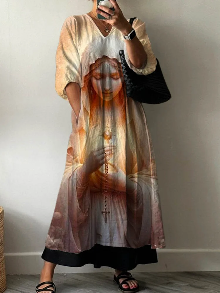 Women's Vintage Virgin Mary Art Print Pocket V-neck Cotton Dress