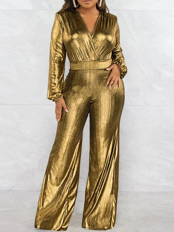 Solid Color Shiny Elasticity Wide Leg Puff Sleeves V-Neck Jumpsuits