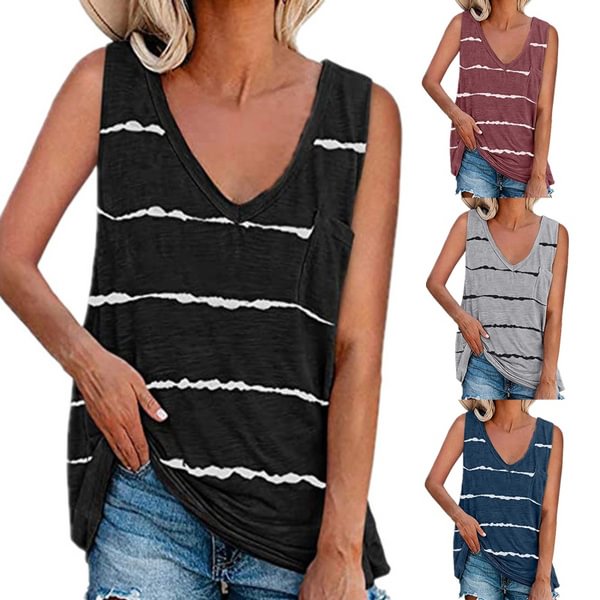Women Fashion Summer V-neck Stripe Print Cotton Vest Casual Sleeveless Tank Tops Loose Blouse Size S-2XL - Life is Beautiful for You - SheChoic