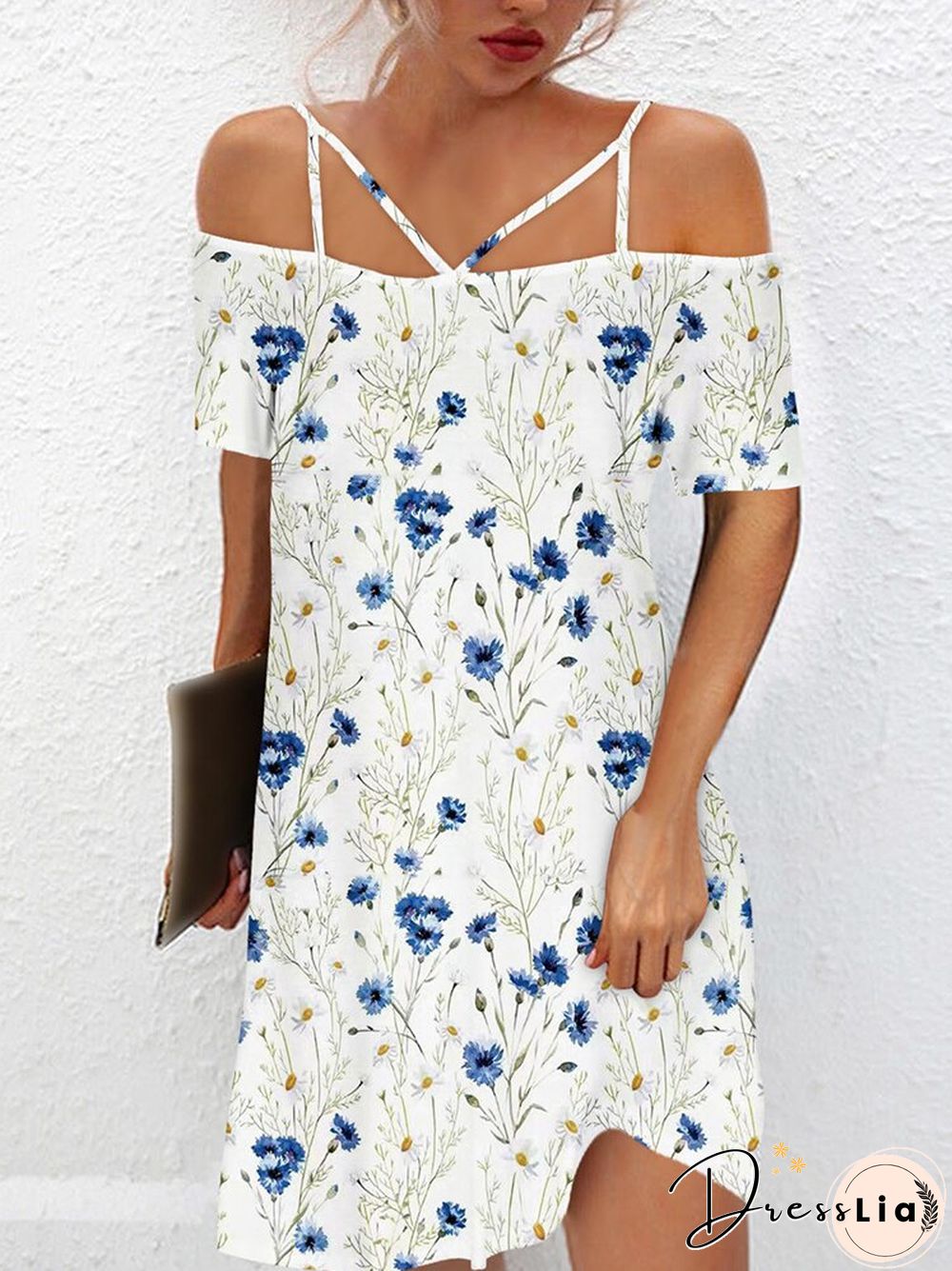 Vintage One-Line Neck Cross Strap Dress Women Summer Sexy Short Sleeve Backless Mini Dress Ladies Fashion Printed Loose Dresses