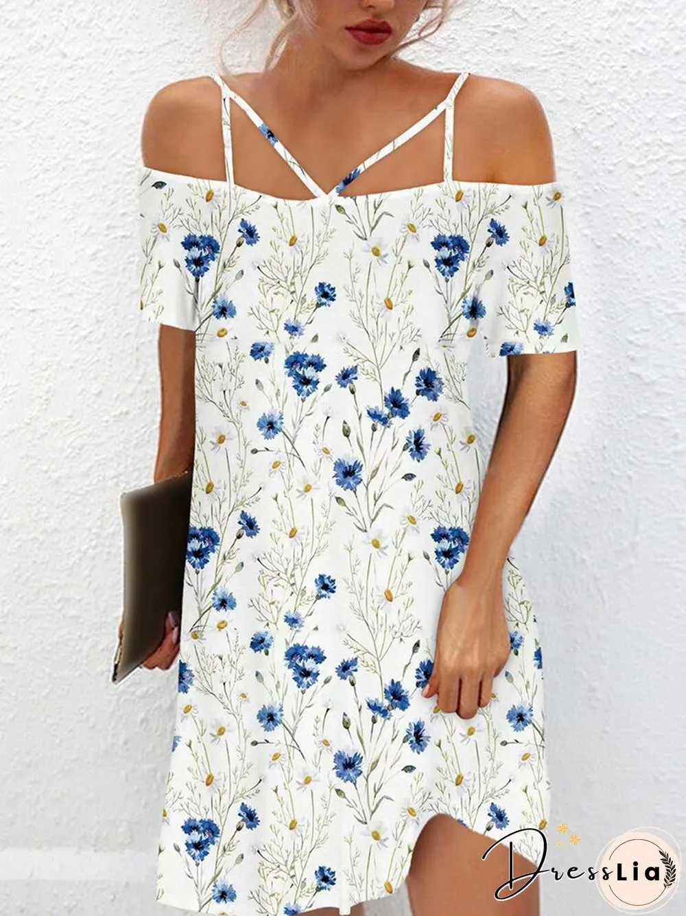 Vintage One-Line Neck Cross Strap Dress Women Summer Sexy Short Sleeve Backless Mini Dress Ladies Fashion Printed Loose Dresses