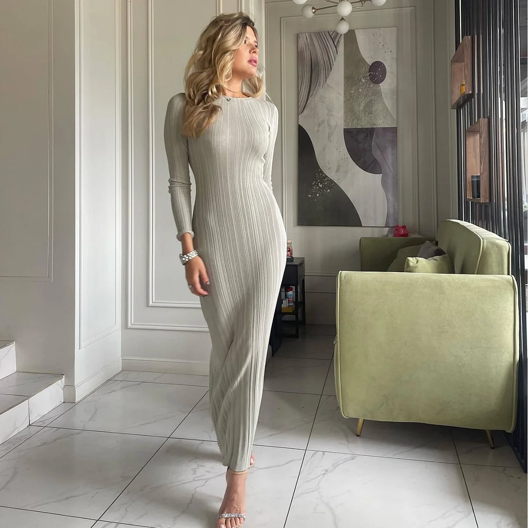 Uveng Uveng Sexy Elegant Dress Solid Color Long Sleeve Round Neck Wrap Hip Long Skirt Women's Fashion