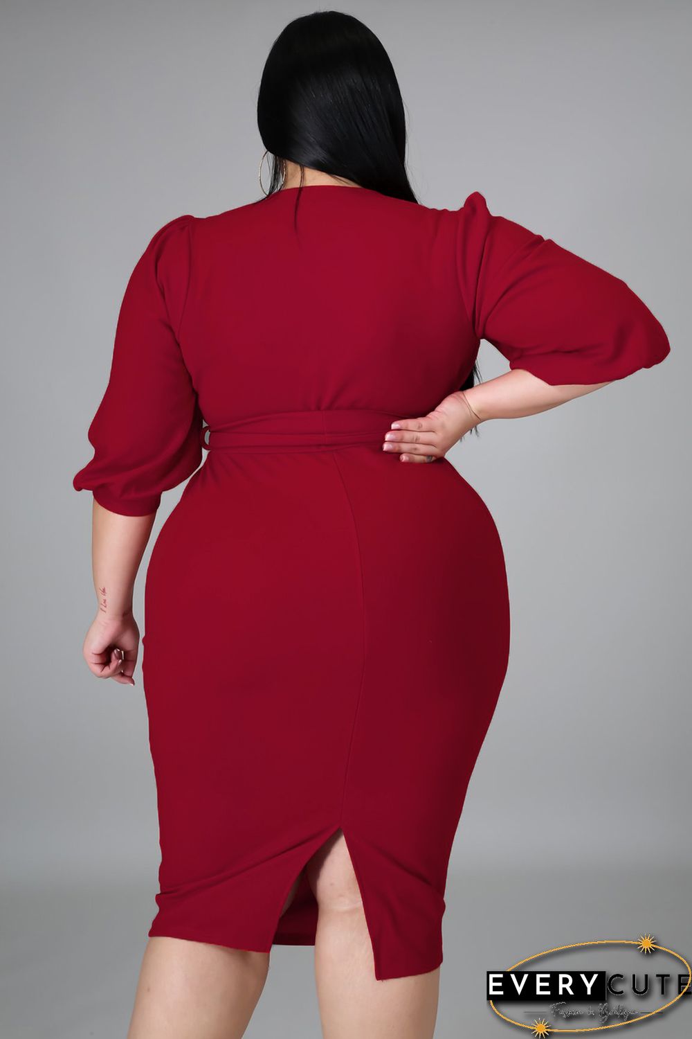 Red Plus Size Puff Sleeve Wrap V Neck Midi Dress