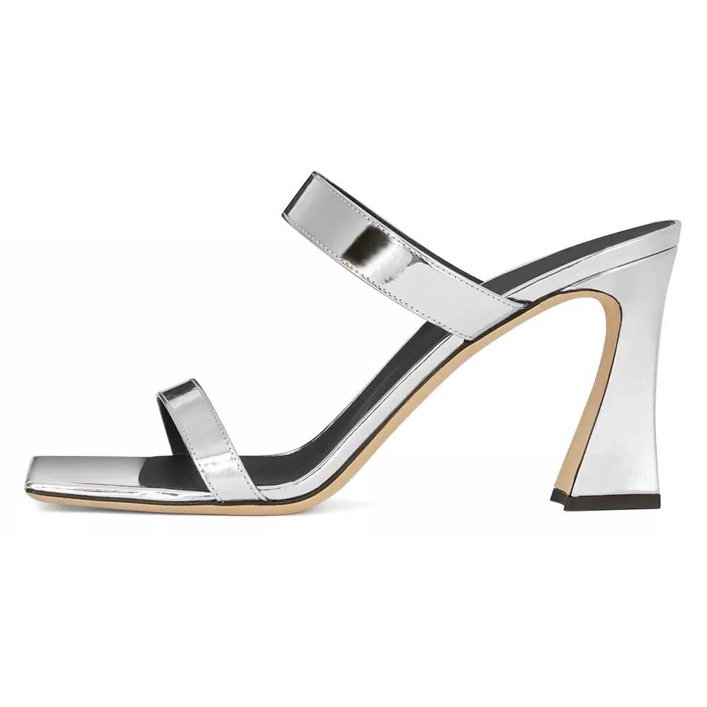 Silver Metallic Square Toe Flared Heel Double Strappy Elegant Mules Nicepairs