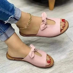Yyvonne Large Summer Women's Flat-Bottomed Slippers Bow Decorated With Wide Strip Slippers Solid Flat Sandals