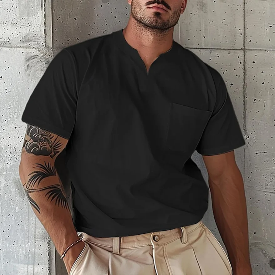 Men's Elastic Cotton Pocket Short Sleeve V-neck T-shirt-inspireuse