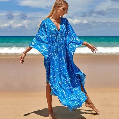 Uveng Uveng Middle Woven Polyester Loose Plus Size Bikini Smock Beach Dress Sunscreen Beach Hood