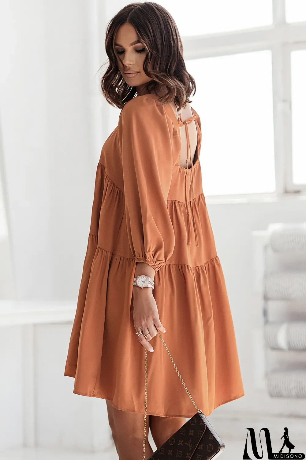 MidiSono - Brown Square Neck Half Sleeve High Low Mini Dress