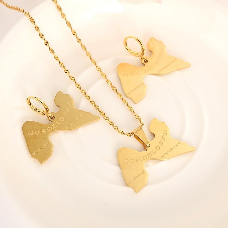 24k Gold  Map of Guadeloupe sweater chain Necklace  earrings  women