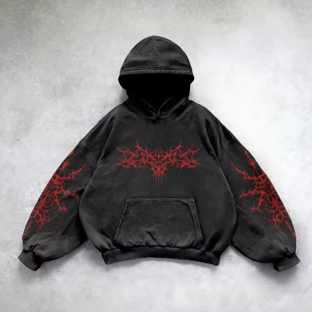 Gamintor fashion clothes men Y2K New Red Zipper Hoodie Retro Gothic Printed Pattern Hoodie High Street Hip-Hop Trend Sweatshirt Men's Women's Loose Hoodies