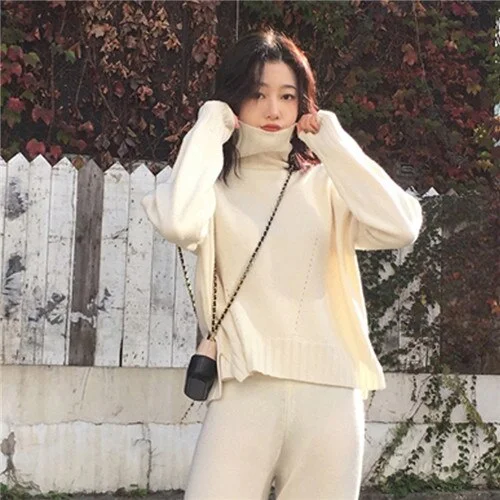 Women Winter Suit Sweater Tracksuit Knitted Turtleneck Clothes 2 Pieces Set Pants Ladies Loose Clothing Suits Female 2019