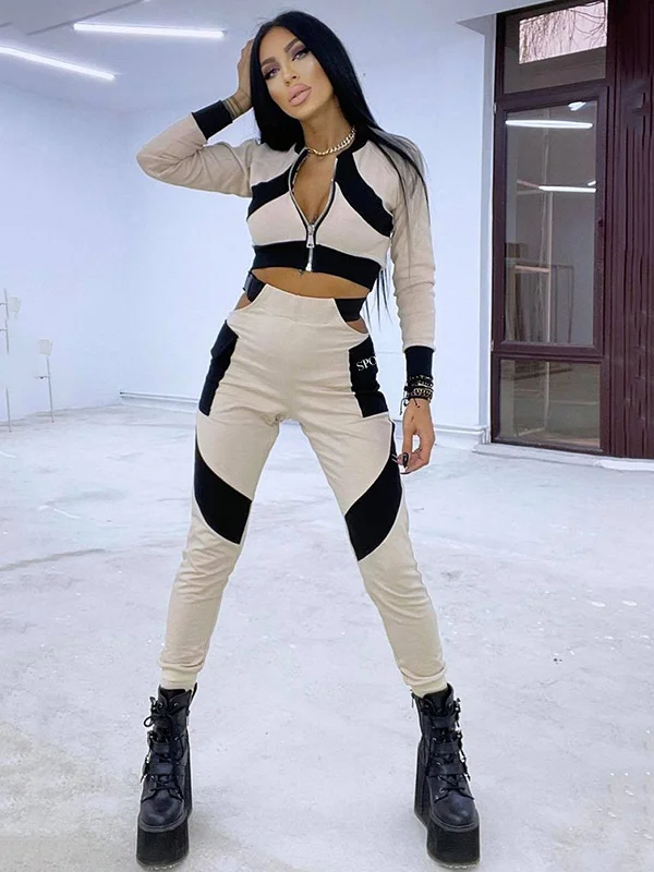Color-Block Zipper Slim Leisure Long Sleeve Hollow Athletic Sport Suits