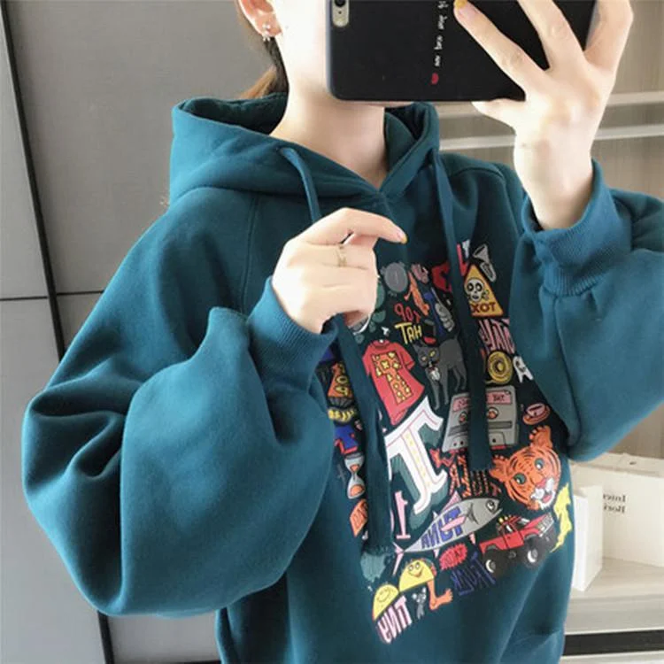 Fashion Women Hoodie Sweatshirt 2021 Korean Style Loose Veste Woman Streetwear Cartoon Print Jacket Hoody Coats Hoodies Femmes