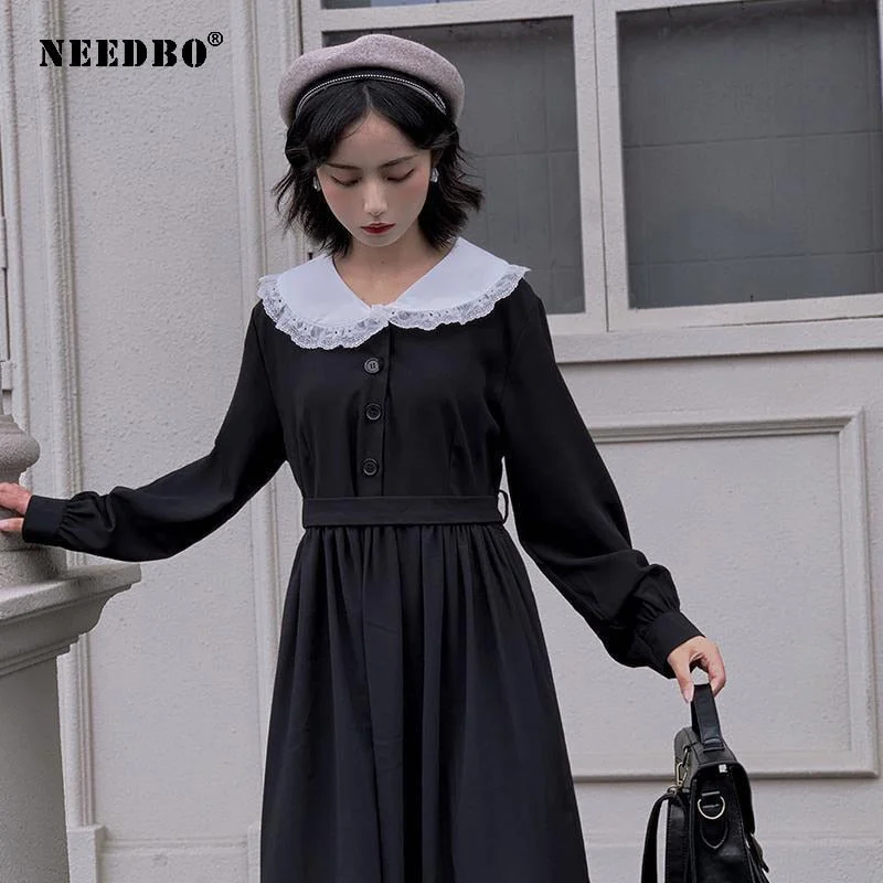 NEDBO Dress Women Full Sleeve Harajuku Gothic Kawaii Lolita Dress Vintage Japan Sweet Peter pan Collar Streetwear Long Vestidos