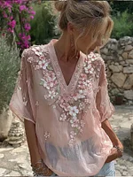 Women's Pink Cherry Blossom Embroidered Blended V-neck T-shirt