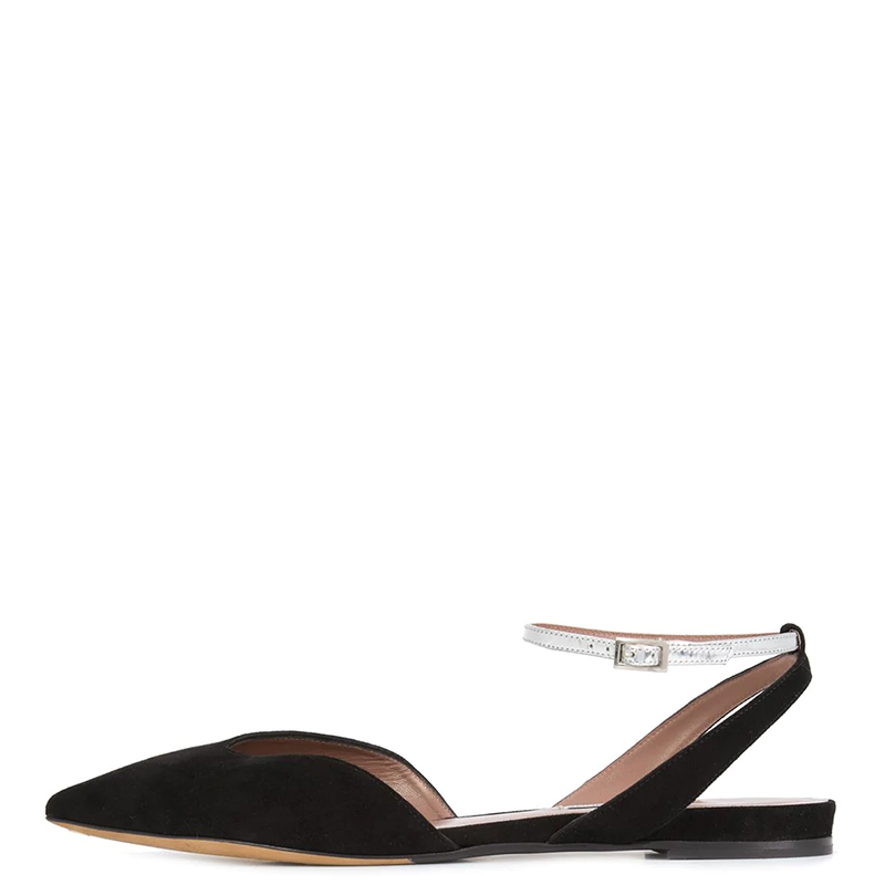 TAAFO Black Slingbacks Suede Women's Flats Buckle Ankle Strap Pointed Toe Ladies Office Shoes 