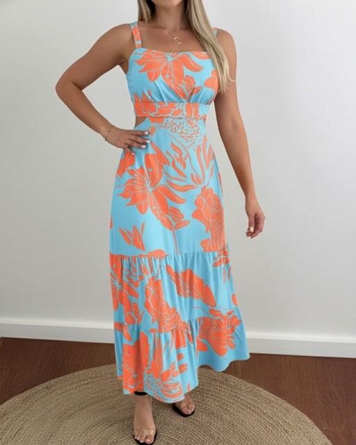 Floral Print Square Neck Adjustable Straps Shirred Back Maxi Dress Casual Cutout Waist Ruffle Hem Vacation Dress-0119