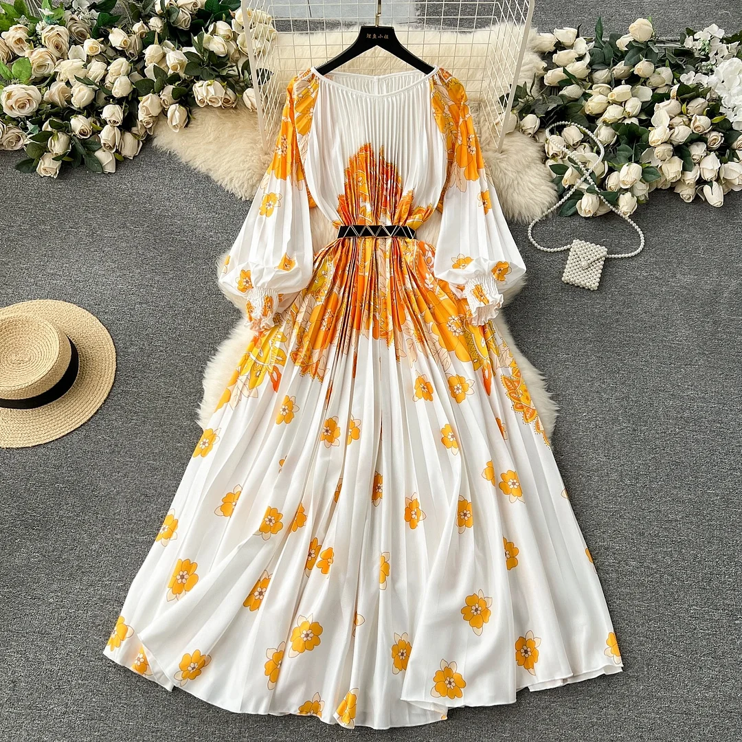 Ueong New Women's Dress Dress Oversized Printed Pleated Pleated Waist Belt Holiday Skirt